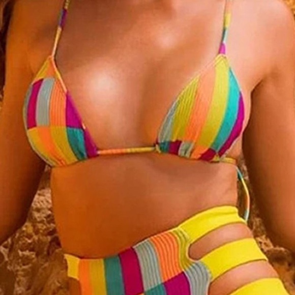 Chic Ribbed Cutout High Waist Slide Triangle Brazilian Two Piece Bikini Small - Picture 5 of 12